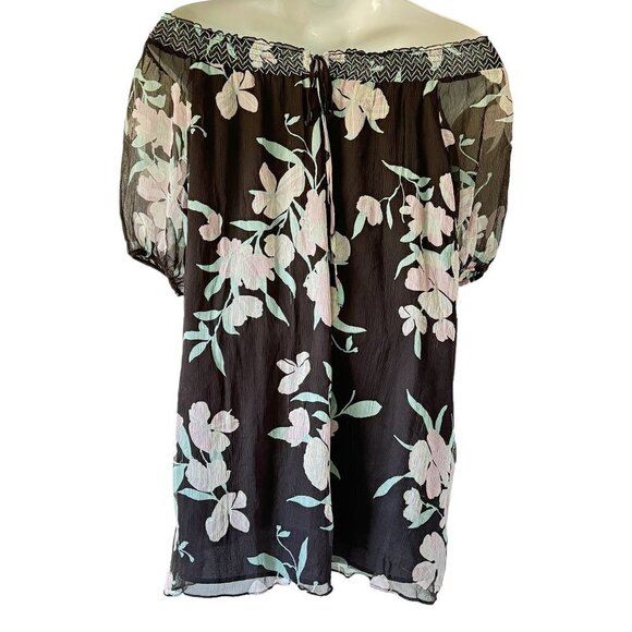 Maeve Silk Paola Swing Dress Oversized Black Chiffon Floral Off Shoulder Mini - Picture 4 of 13